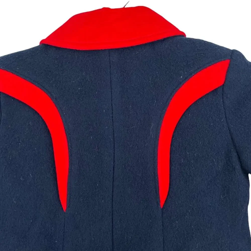 Vtg Rothschild Pea Coat Jacket Wool Navy Blue Red Button Front Union Made Sz S